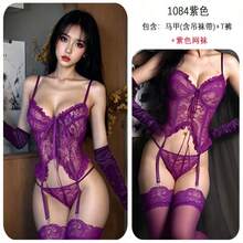 Three-Piece Erotic Underwear, Purple High-End Lace, Underwire, Gathered One-Piece Body-Shaping Bodysuit - 紫色+紫絲襪 - 查看 11