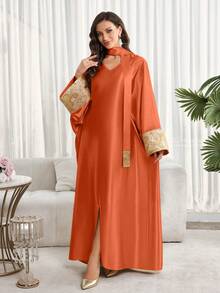 Women's V-Neck Jacquard Cuff Loose Elegant Arabic Style Dress With Scarf, Luxury Ladies Abaya Robe, Luxury Kaftan And Jalabiya, Wedding Party Dress, Summer Holiday Outfit - Burnt Orange - View 7