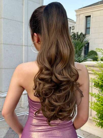 棕色长波浪卷发夹式马尾接发，假发马尾，合成材质，适合女性，深棕色波浪假发，时尚爪夹，度假发夹，沙滩发夹，女士发饰