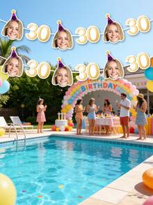 7/14/21pcs Customized Photo Text 30th Birthday Face Banner Decor Personalized Repeated Face Age Number Banner Birthday Party Decoration Backdrop - Multicolor - View 4