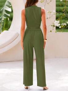 Women's Solid Color Round Neck Tank Top And Tie Front Pocket Wide Leg Pants Set Summer - Army Green - View 3