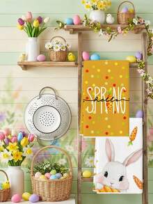 2 Pcs Cute Bunny Eating Carrot Pattern Kitchen Towels Yellow Polka Dot Easter Dish Towels Can Be Used In Kitchen Drying Hand Towels Tea Towels - Yellow - View 4