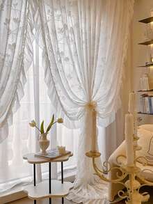 1pc French Rococo Ambiance Cream Jade Magnolia Pearl 3D Relief Sheer Curtain With Ruffle Trim For Living Room - Multicolor - View 7