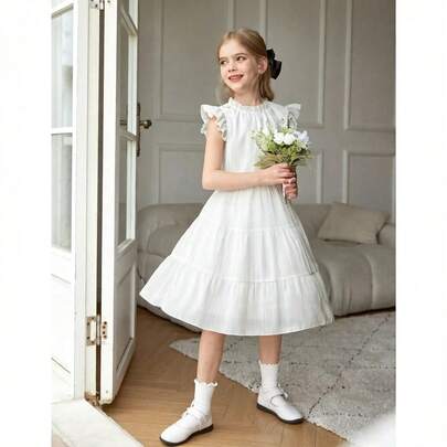 Đầm mùa xuân Audiya dành cho bé gái tuổi teen, kiểu dáng thường ngày, tay bồng eo, dáng chữ A, thanh lịch, thích hợp cho trẻ em.