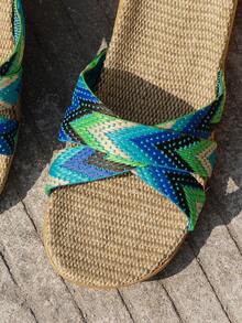 Damen modische einfarbige rutschfeste atmungsaktive bunte gewebte Sandalen, vielseitig für den Sommer - Blau - Übersicht 7