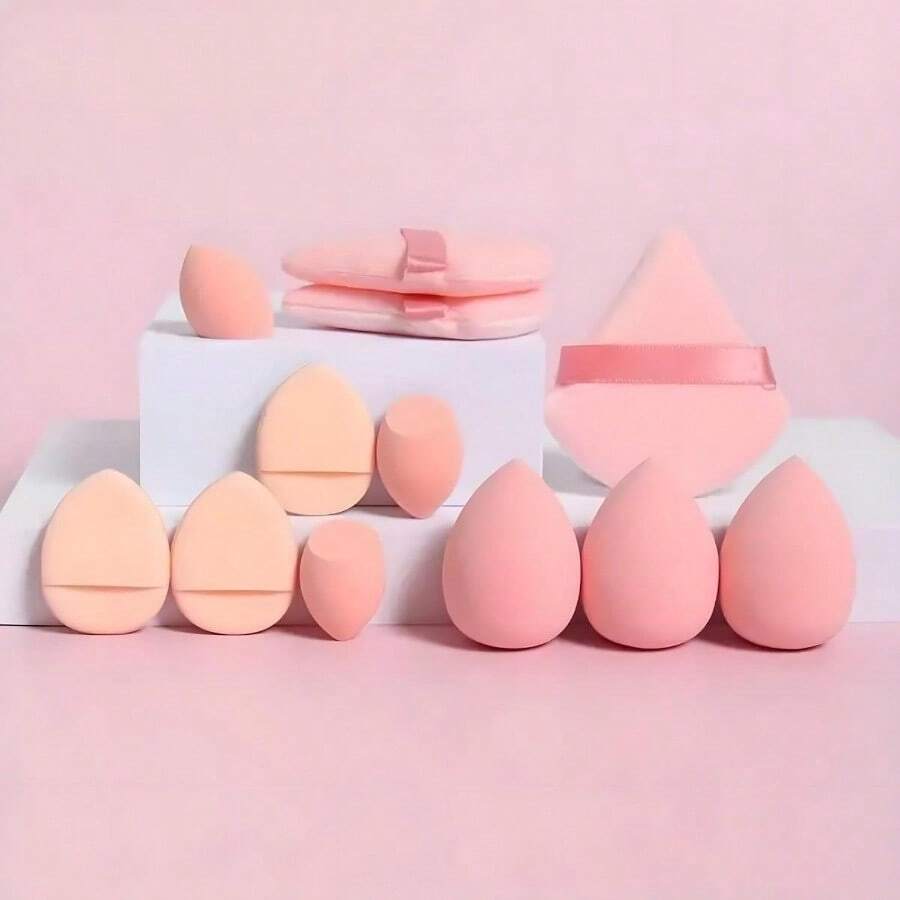 12PCS Makeup Sponge Set, Sponge For Foundation Blending With 3PCS Mini Makeup Sponges & 3PCS Triangle Powder Puff, Soft Make Up Sponges For Face Cosmetic Applicator For Powder Liquid - 粉色 - 查看 1