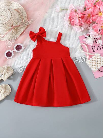 Summer Baby Girls Casual Cute Minimalist Bow Decor Spaghetti Strap Dress