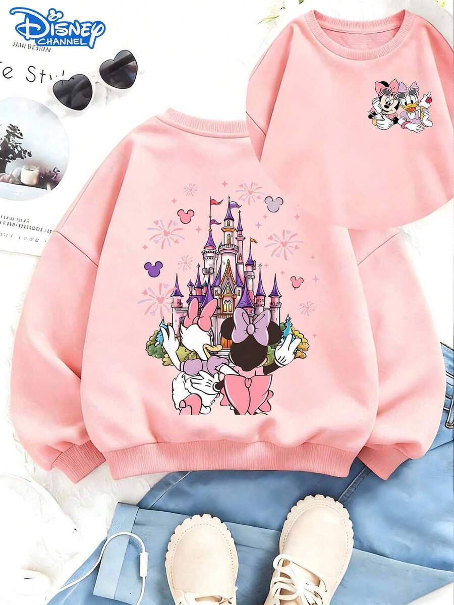 This Disney-Licensed Children's Sweatshirt Features An Adorable Cartoon Design. The Front Depicts Minnie Mouse And Donald Duck In A Bow Tie, Creating A Cute And Refreshing Look. The Back Features A Disney Castle, Minnie Mouse, Donald Duck, Mickey Mouse, Fireworks, And Mickey Mouse Head Decorations, Creating A Dreamy Disney Theme. The Sweatshirt Has A Relaxed Fit, Making It Perfect For Travel. It's Comfortable And Skin-Friendly. - Hồng - Xem 1