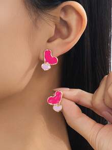 1 Pair Cute Minimalist Oil Drop Heart Shaped Earrings, Suitable For Daily Wear, Gifts, And Date Outfits - Pink - View 1