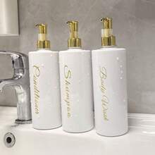 3/6pcs/500ml Bathroom Dispenser Bottles, Empty Containers For Shampoo, Body Wash, Conditioner, Refillable, Home Bathroom Decor, Autumn Decor, Back To School Decor, Plastic Refillable Soap Dispenser, Kitchen & Bathroom Storage, Empty Reusable Soap Lotion Shower Containers - Cylindrical White + Full Gold Pump - View 7