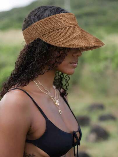 1pc Raffia Straw Sun Visor Hat, Tea Color
