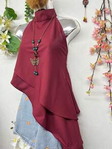 T124 White Sleeveless Turtleneck Blouse, Elegant Asymmetrical Ruffle Design - Burgundy - View 2