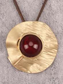 1件极简条纹圆形合金吊坠项链，镶嵌圆形红色树脂，男女通用，个性化编织棕色蜡绳长链，情侣礼物，音乐节派对礼物 - 金黃色 - 查看 1