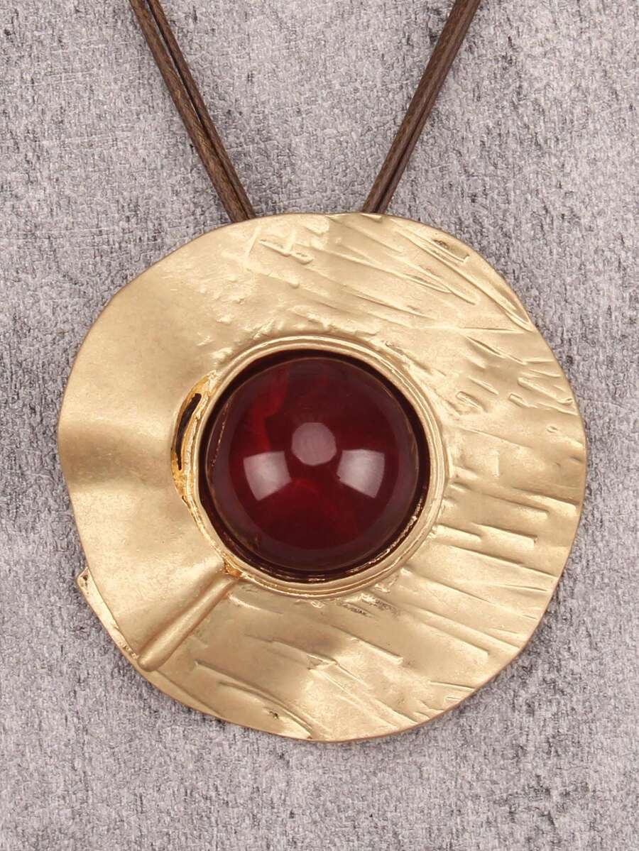 1件极简条纹圆形合金吊坠项链，镶嵌圆形红色树脂，男女通用，个性化编织棕色蜡绳长链，情侣礼物，音乐节派对礼物 - 金黃色 - 查看 1