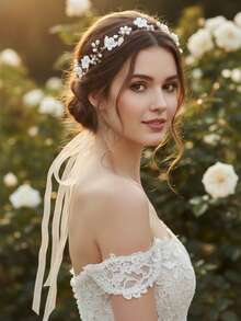 手工制作的哑光白花金色叶子新娘发饰，可调节丝带，适合新娘和伴娘佩戴，波西米亚珍珠发饰，派对必备 - 金色 - 查看 5