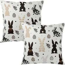 2件装复活节户外兔子抱枕套，黑白波点兔子和彩蛋图案，农舍风格节日沙发家居装饰靠垫套，单面印花，不含枕芯 - 黑與白 - 查看 9