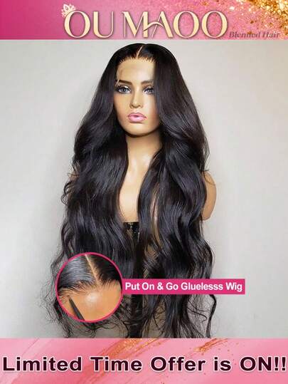 波浪卷蕾丝前假发，真人发混纺 - 巴西真人发混纺，13x4 高清蕾丝前额，200% 高密度预拔毛无胶前额假发，自然黑色蓬松卷发，适合女性，无需胶水即可佩戴，适合派对和约会。