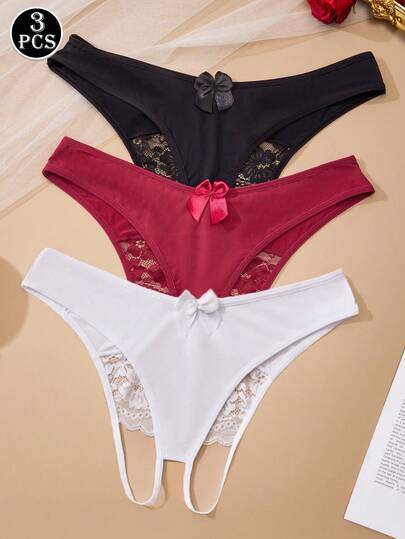 3 pièces Ensemble de culottes sexy ajourées de couleur unie à la mode pour femmes
