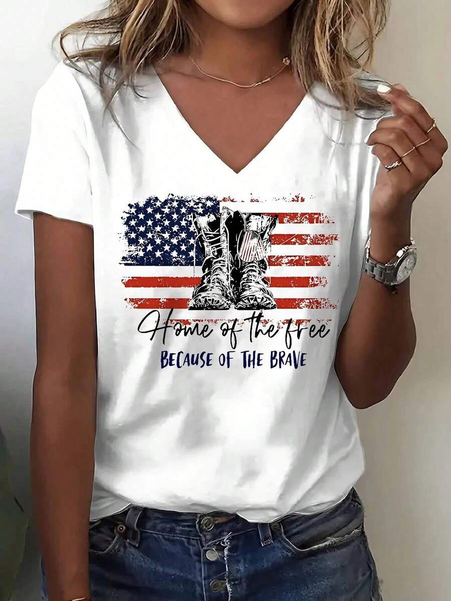 V-Neck T-Shirt, Standard Size American Flag Boots, Freedom's Home Exists Because Of Bravery, Suitable For Daily Life, Going Out, Casual Wear, Also The Best Choice For Gifting To Friends And Family. - trắng - Xem 1