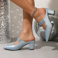 2026 Zapatos de tacón grueso tipo mula de verano de moda color azul cielo con elástico, de punta cerrada y tacón alto para mujer - azul claro - Ver 12