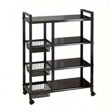 Adjustable 4-Story Kitchen Shelf With 3 Wire Baskets Movable Metal Storage Rack With Wheels For Garage Pantry Bathroom Closet Standing Shelf Ideal For New Home Warm House Gift - A - 查看 3