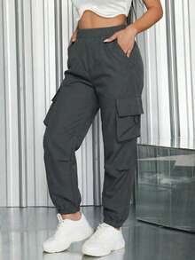 1pc Girls/Teens Loose Flap Pocket Side Drawstring Outdoor Cargo Pants, Spring/Summer/Autumn - Dark Grey - View 5