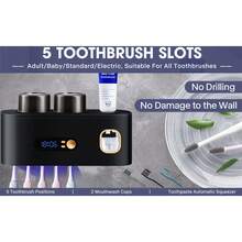 Smart Toothbrush Sterilizer (1 Unit) - USB Charging + Clock - 5-Slot Storage Brush Holder - Includes 2 Cups + Automatic Toothpaste Dispenser - Modern Bathroom Plastic Storage Rack For Dental Hygiene Essentials - White (applies to Smooth Walls Only) - View 5