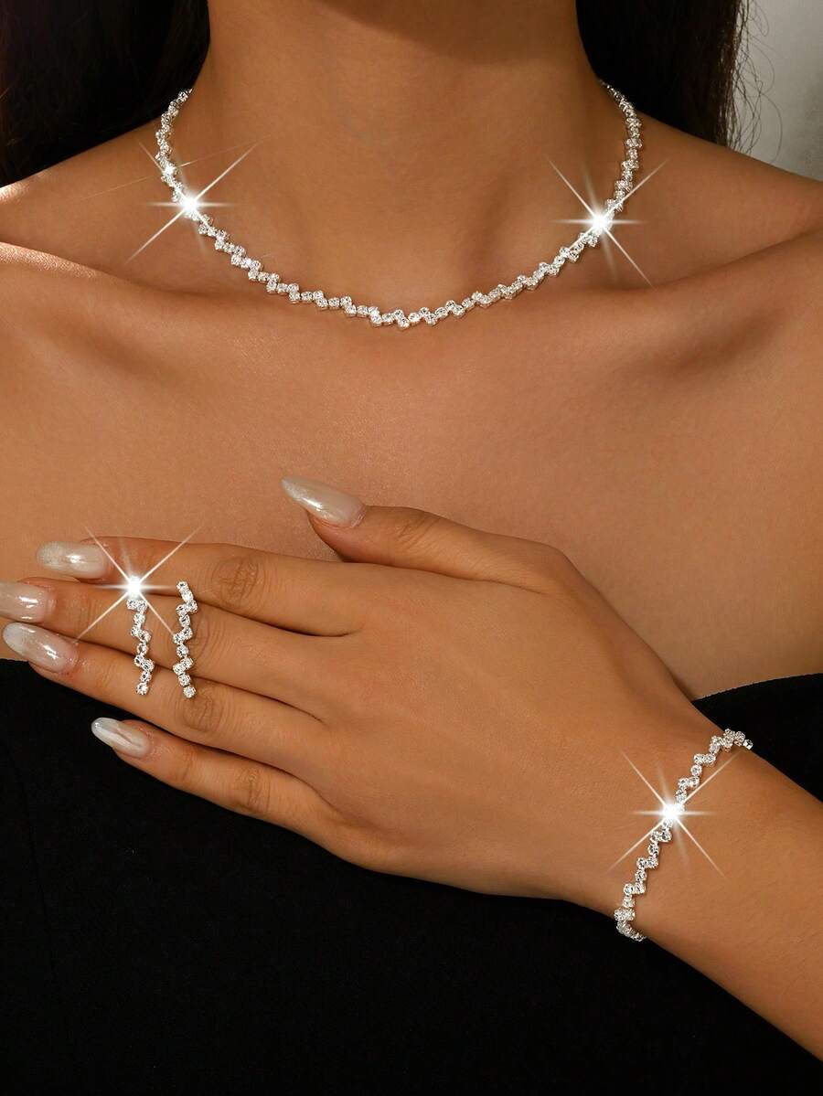1 Set Of 3 Jewelry Pieces (Necklace + Earrings + Bracelet), Sparkling Wave-Shaped Full Crystal Copper Material, Suitable For Evening Party, Valentine's Day Gift - Silver - View 1