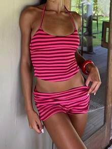 Bộ đồ 2 món dành cho nữ, kiểu dáng thường ngày, thời trang, gợi cảm, thích hợp cho kỳ nghỉ, gồm áo hai dây hở lưng và quần short xếp ly cạp cao. - Hồng hồng - Xem 5