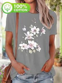 LIDANR 1PC Plus Size, Plus Size Women&Apos;S Casual Short Sleeve T-Shirt - Elegant Watercolor Magnolia Floral Print, Round Neck Top, Machine Washable & Breathable For Casual Attire, Allseason Apparel, Semitransparent Material Valentine's Day Shirts - 灰色 - 查看 1