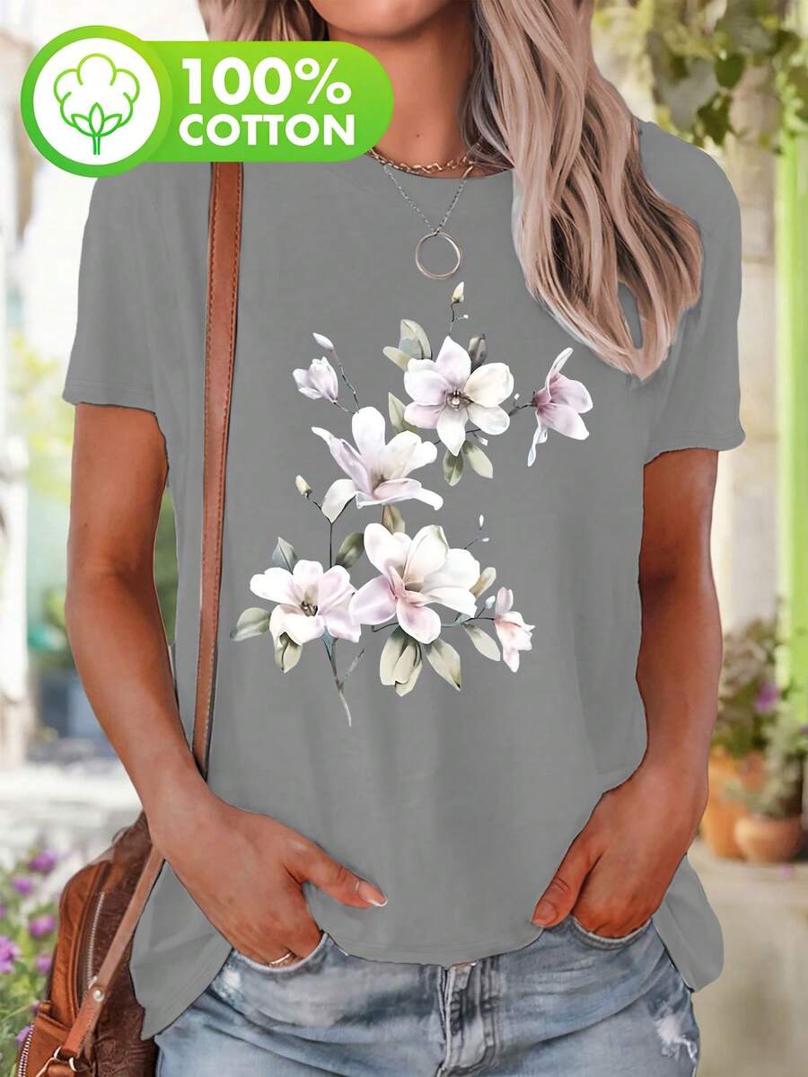 LIDANR 1PC Plus Size, Plus Size Women&Apos;S Casual Short Sleeve T-Shirt - Elegant Watercolor Magnolia Floral Print, Round Neck Top, Machine Washable & Breathable For Casual Attire, Allseason Apparel, Semitransparent Material Valentine's Day Shirts - 灰色 - 查看 1