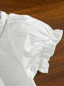 Young Girl Summer Cotton Petal Sleeve Shirt With Bindweed Embroidery - White - View 4