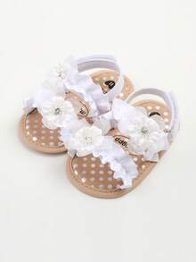 女婴夏季凉鞋，花朵蝴蝶结装饰，软底，适合婚礼、礼服、新生儿、学步鞋、婴儿床、礼服等场合。 - 白色 - 查看 8