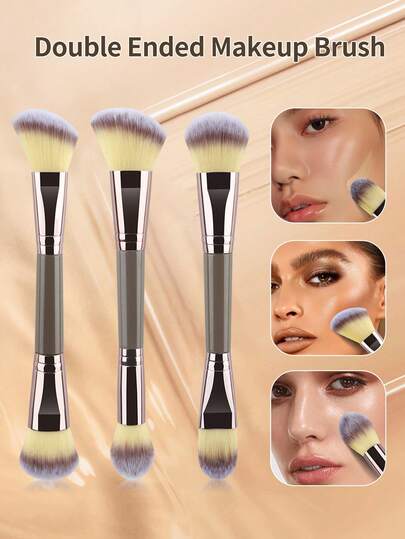 3 套双头多功能化妆刷，包括修容刷、双头木柄刷、高光刷、腮红刷、轮廓修复刷、粉底刷、散粉刷，是一款集化妆刷、美容工具于一体的套装，适用于混合液体、粉末和膏状产品。
