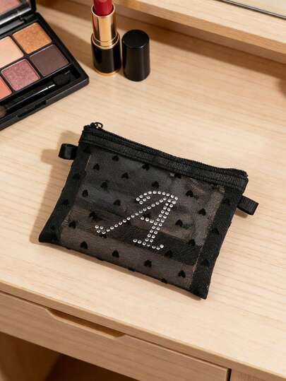 A-Z Rhinestone Initial Mesh Coin Purse, Polka Dot Sheer Zipper Pouch For Small Essentials, Ideal For Storing Lipsticks, Coins, Earphones & Jewelry, Adding A Sparkly Glam Touch To Daily Accessories, Suitable For Fashion Enthusiasts, Students, Gift Givers & Letter Initial Lovers, Perfect For Daily Commutes, Shopping Sprees, Travel & Gift-Giving, Compact Portable Design, Versatile As Coin Pouch