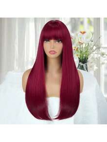 24英寸长直发酒红色合成假发，带刘海，适合日常派对佩戴，耐热纤维材质，高密度，适合上学、万圣节、感恩节、圣诞节、音乐节、狂欢节、新年等场合，可作为礼物赠送。 - 酒紅色 - 查看 3