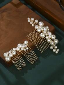 Conjunto de 3 pentes de cabelo com pérolas douradas, acessórios de cabelo vintage elegantes para penteados de noivas e madrinhas, ideal para fotos de casamento. - Ouro - Ver 10