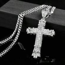 Iced Out Crown Cross Pendant Necklace, Stainless Steel Material, Unisex - Silver - View 2