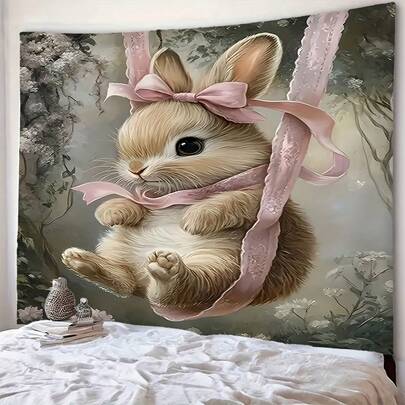 1 Rabbit Tapestry Wall Hanging - Cute White With Pink Bows And Ribbons, Soft Pink And Beige Accents, Lightweight Peach-Beige Fabric, Perfect For Easter, Christmas, Or Baby Shower Gifts. Easy-To-Hang Wall Art.