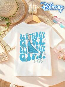 [Disney Authorized] Front: Elsa Bow Shape With Snowflake Elements Back: Elsa With Repeated "BIRTHDAY GIRL" Text And Number "13" Double-Sided Print Pattern Girls' T-Shirt - Children's Clothing Design Short-Sleeve Casual Cute Style Comfortable And Relaxed Suitable For Boys And Girls, Perfect For Parties And Play Machine Washable Gift Children's Clothing Girls' Short-Sleeve Shirt - 白色 - 查看 5