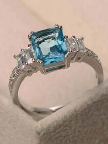 1枚优雅立方氧化锆戒指，女士珠宝礼物，适合婚礼、订婚、周年纪念、情人节等场合 - 藍色 - 查看 3
