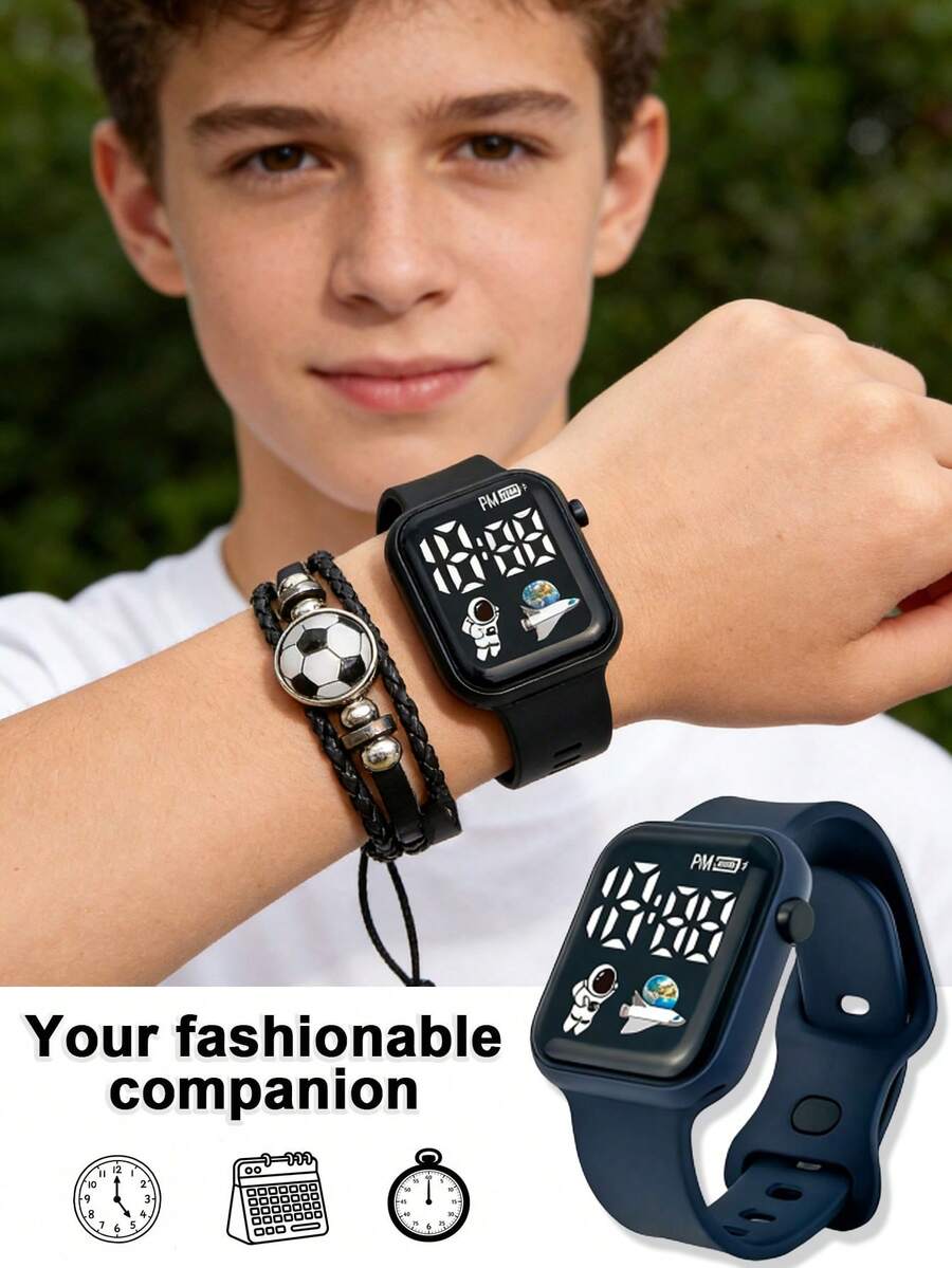 Set de 2 relojes digitales cuadrados con diseño espacial y LED, con pulsera de fútbol que muestra fecha y hora, adecuado como regalo de cumpleaños o de vuelta al colegio para adolescentes - Multicolor - Ver 1