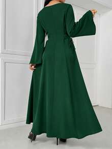 Elegant Apricot A-Line Cinched Waist Flare Sleeve Dress Maxi Satin Women Outfit Fall Cloth For Women, Spring/Summer - Dark Green - View 4