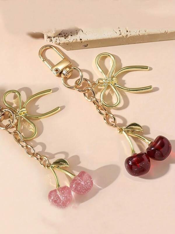 1 PC Cute Cherry Keychain For Girl - Glossy Cherry Fruit Bag Charm With Stem & Seed, Shiny Purse Accessory For Handbags, Purses, Car Keys - Elegant Daily Use Fruit-Shaped Pendant Charm,Perfect As A Gift For Mother'S Day, Birthdays, Valentine'S Day