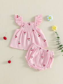Conjunto de 2 Piezas para Niña Pequeña, Top con Cuello Cuadrado, Mangas Volantes y Estampado de Cerezas + Shorts - Rosa - Ver 7