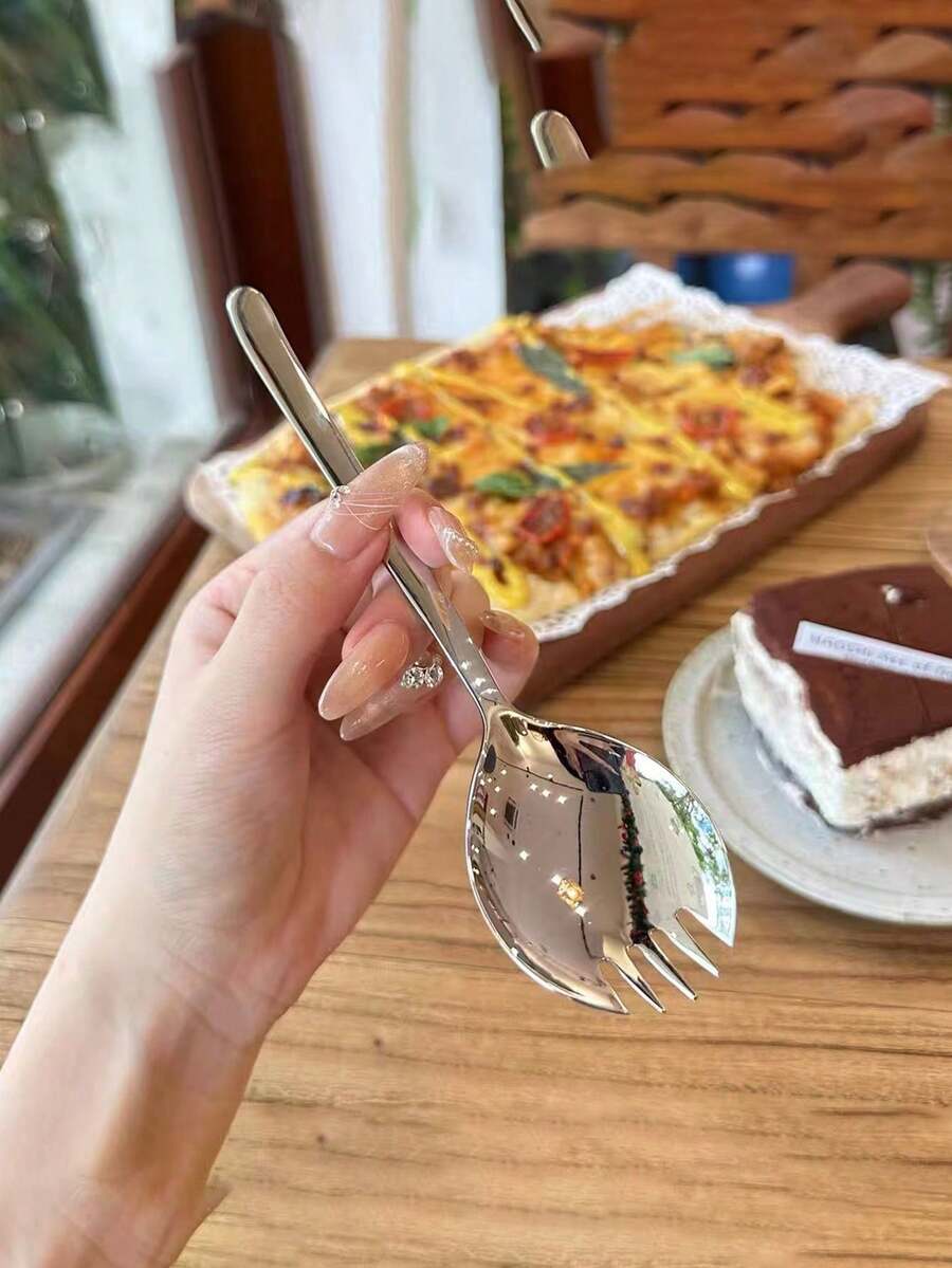 5pcs Stainless Steel Watermelon Spoon & Fork 2-In-1 Thickened Salad Spoon - Silver - View 1