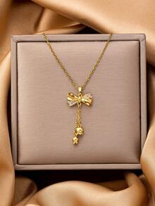 1 Pc 18K Gold Stainless Steel Cherry Pendant Necklace For Women, Zirconia Crystal Strawberry Bow Charm Necklaces, Anti-Tarnish Water Proof Jewelry - Multicolor - View 13