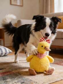 1pc Duck Shaped Squeaky Chew Toy, Durable Teething Toy, Cute Yellow Bow Tie Duck Toy, Yellow & Orange Plaid Bow Toy, Interactive Chewing Toy, Interactive Squeaky Pet Toy, Dental Cleaning Chew Toy, Suitable For Small/Medium/Large Dogs, Provides Mental Stimulation & Entertainment, Helps With Teething, Satisfies Curiosity, Offers Companionship & Fun, Helps Relieve Pet Anxiety & Stress - Multicolor - View 6