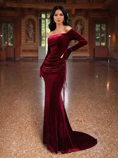 LOVE&LEMONADE Elegant Burgundy Velvet Off Shoulder Slit Long Sleeve Draped Backless Criss-Cross Tie Maxi Formal Evening Dress