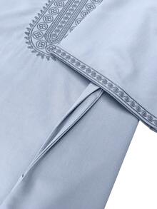 Men's Moroccan Embroidered Short Sleeve Robe With Side Pockets, Islamic Men Casual Home Robe, Ramadan Men Robe - Light Grey - View 6